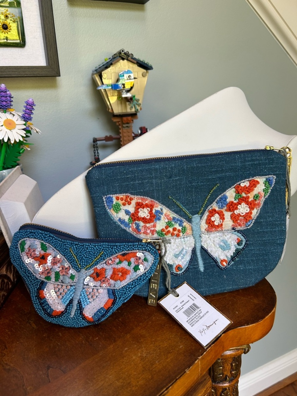 Blue Embroidered Floral Butterfly Pochette and Coin Purse